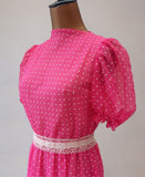 Vintage 70s Evening Dress Party Prom Pink Polka Dot Long Elegant Classy UK 6/8 - Vintage Attic