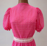 Vintage 70s Evening Dress Party Prom Pink Polka Dot Long Elegant Classy UK 6/8 - Vintage Attic