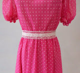 Vintage 70s Evening Dress Party Prom Pink Polka Dot Long Elegant Classy UK 6/8 - Vintage Attic