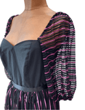 Vintage 80s Party Evening Dress Stripes Mesh Midi Black Pink Sweetheart UK 10 - Vintage Attic