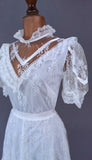 Vintage 80s Wedding Dress Long Flounces Frills White Edwardian Style UK 8 - Vintage Attic